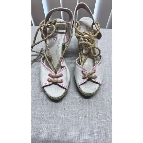 Schutz Women's Brynda Lace Up Espadrille Platform Wedges Cream Pink Size 6.5B - Picture 2 of 11